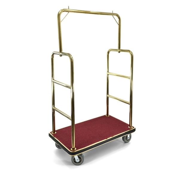 Hotel luggage cart | Bellman's Cart | Rectangular Red Carpet Base | Square Top Clothing Rail | Gold.