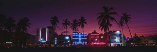 Hotels Illuminated At Night South Beach Miami Florida USA Canvas Art - Panoramic Images (18 x 6)