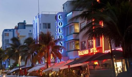 Hotels lit up at dusk in a city Miami Miami-Dade County Florida USA Canvas Art - Panoramic Images (40 x 24)