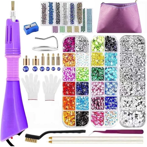 FEHNAG Hotfix Applicator Tool, Compatible with bedazzling kit, 5784 PCS Rhinestones Set for Crafts, DIY Hot Fix Rhinestone Applicator Wand Setter Tool with 7 Tips, 6 Pattern Templates and Gloves