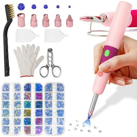 Hotfix Rhinestone Setter - Bedazzler Kit with Rhinestones for Clothes, Crafts, Shoes & T-Shirts, DIY Bedazzling Kit with 5 Different Tip Sizes, Stand, Glove, Cleaning Brush, Tray (Pink)$$Art & Craft