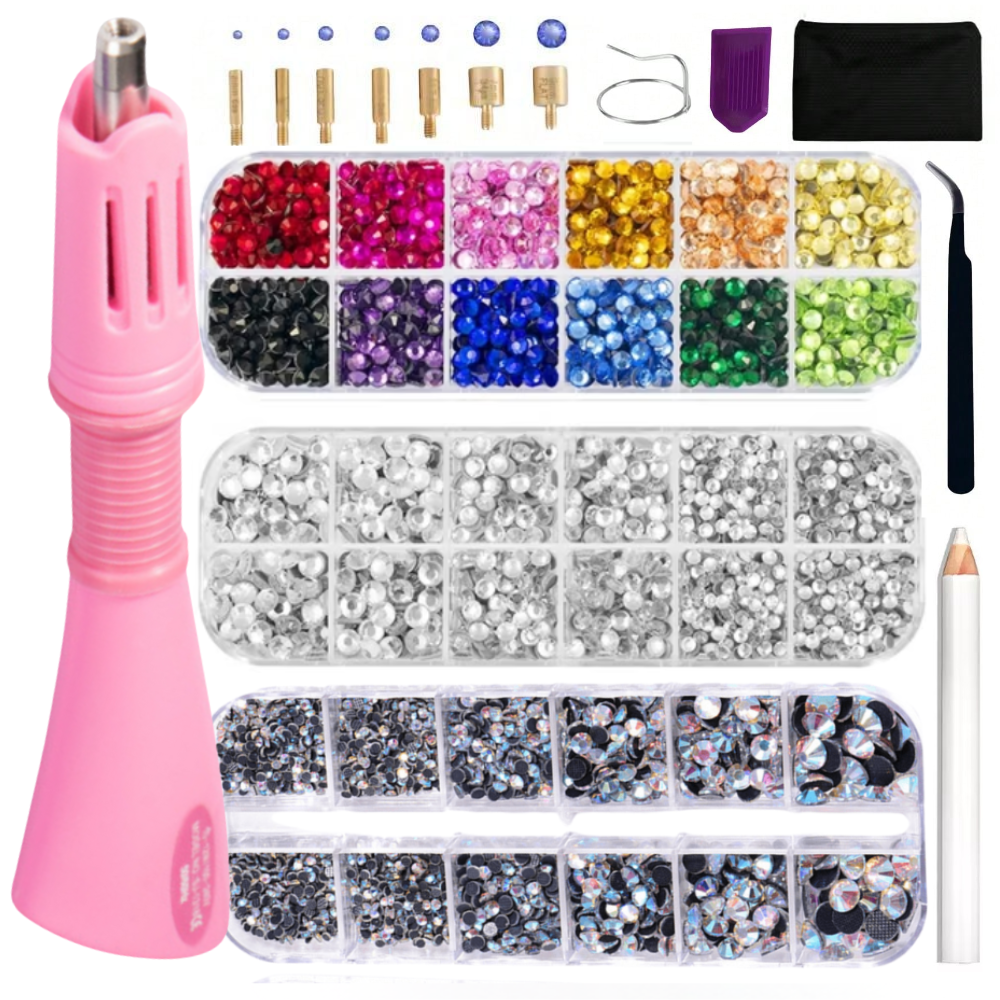 Hotfix Rhinestone Setter, Hot Fix Applicator Tool Bedazzler Kit with Rhinestones, Kit, Hot Fixed Wand for Clothes Clothing Fabric Crafts, 2000 Pcs, AB Crystal,7 Gems Sizes