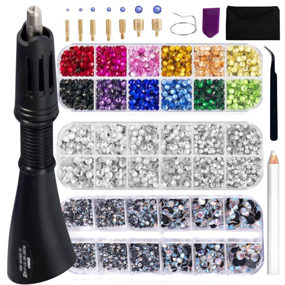 Hotfix Rhinestone Setter, Hot Fix Applicator Tool Bedazzler Kit with Rhinestones, Kit, Hot Fixed Wand for Clothes Clothing Fabric Crafts, 2000 Pcs, AB Crystal,7 Gems Sizes