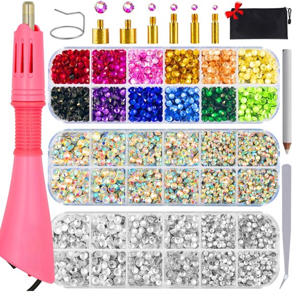 Hotfix Rhinestone Setter, Hot Fix Applicator Tool Bedazzler Kit with rhinestones, Kit, Hot Fixed Wand for Clothes Clothing Fabric Crafts, 5000 Pcs, AB Crystal, Clear, 3 Gems Sizes, Tips