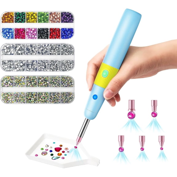 Hotfix Rhinestones Applicator Bedazzle, 5 Tips and 3024 Pcs Rhinestones, Bedazzler Kit with Vacuum Pick Up Function, Cordless Adjustable Heat Wand for Clothes Fabric DIY Crafts (Blue)
