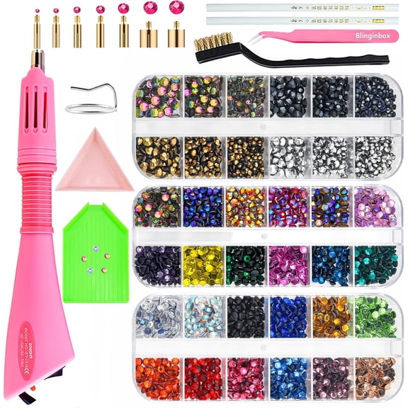 Hotfix Rhinestones Applicator Bedazzler Hot Fix Applicator Tool Kit with 3 Boxes Crystal Gems for Bedazzling Clothes Clothing Fabric Bedazzle, Heat Bedazzled Diamond Pen Setter Iron on Wand with Tips