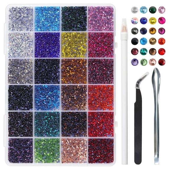 Hotfix Rhinestones Mixed 24 Colors, SS6 Rhinestones for Crafts Clothes, Hotfix Crystals with 1 Tweezers, 1 Wax Pencil and 1 Spoon