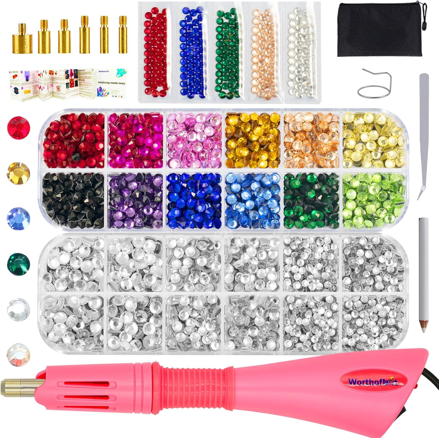 Hotfix Tool with 3400 Pcs Rhinestones for Blinging Clothes, Fabric, Clothing, Leather, Hot Fix Bedazzler Kit with 6 Redesigned Tips, Stand, Manual, Bag, Tweezers and Gem Picker