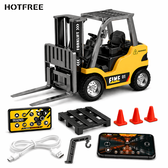 Hotfree 1/64 Mini RC Forklift, Remote Control Excavator, 11 Channel 2 Mode 2.4Ghz Remote Control Alloy Construction Vehicles Set with USB-C Rechargeable, 2 in 1 Transformable Lift Fork & Hook
