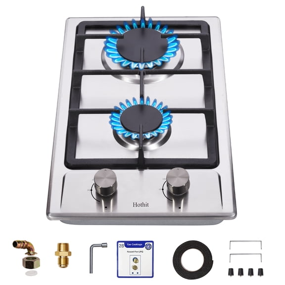 Hothit 2 Burner Propane Gas Cooktop 12" Inch Built-in Stainless Steel Stove Top Propane/Natural Gas Convertible Portable Gas rRange for Apartment Outdoor and RV (L12"×W20")