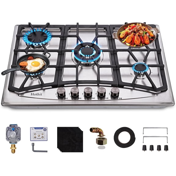 Hothit Propane Gas Cooktop 30" Inch, 5 Burner Built-in Stainless Steel Gas Stove Top, LPG/NG Dual Fuel Auto Ignition Gas Hob, Include Gas Pressure Regulator(L30"×W20")