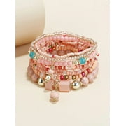 Hotian 8pcs Beaded Bracelet Jewelry Set Multilayer Boho Charm Bracelet Pack for Women Pink