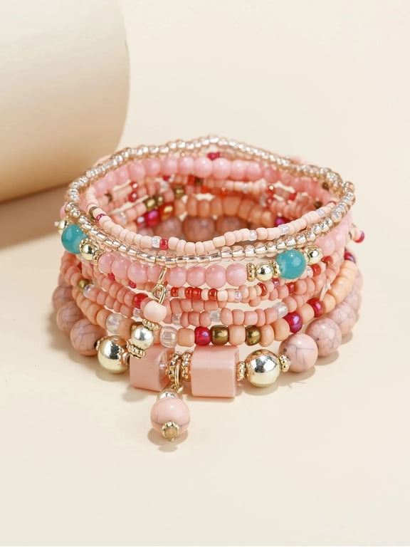 8pcs Beaded Bracelet Jewelry Set Multilayer Boho Charm Bracelet Pack for Women Pink
