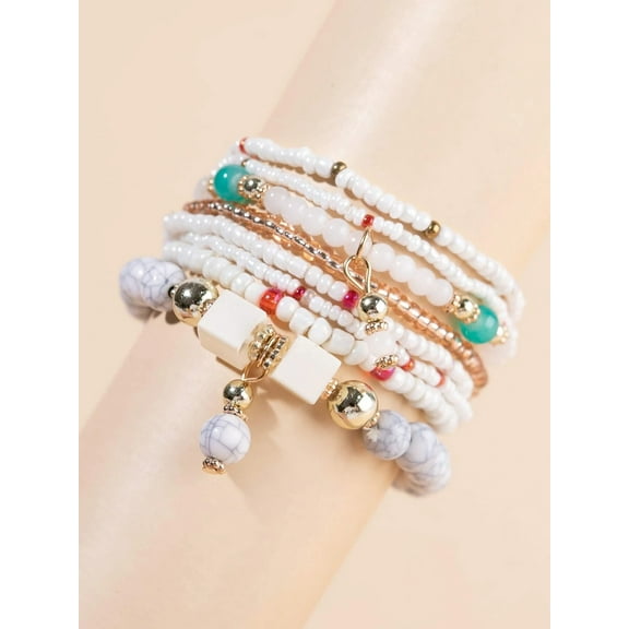Hotian 8pcs Beaded Bracelet Jewelry Set Multilayer Boho Charm Bracelet Pack for Women and Men White