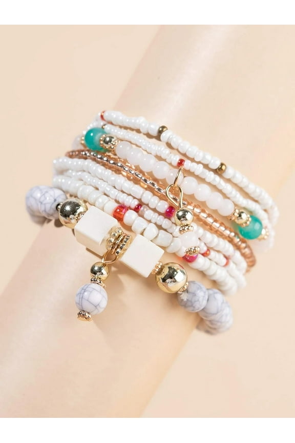 8pcs Beaded Bracelet Jewelry Set Multilayer Boho Charm Bracelet Pack for Women and Men White