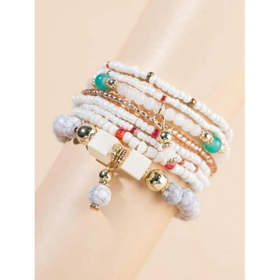 Hotian 8pcs Beaded Bracelet Jewelry Set Multilayer Boho Charm Bracelet Pack for Women and Men White