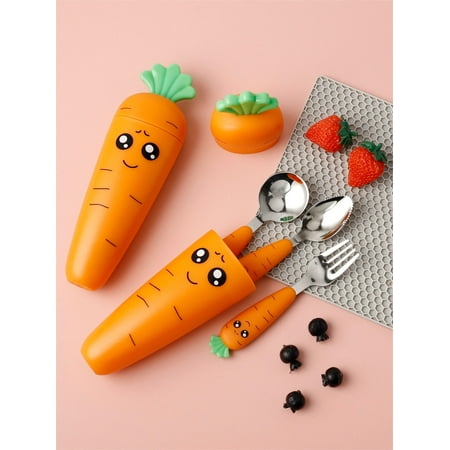 Hotian Kids Spoon and Fork Set 3pcs Pack with Box Stainless Steel Utensil Cartoon Carrot Flatware and Holder