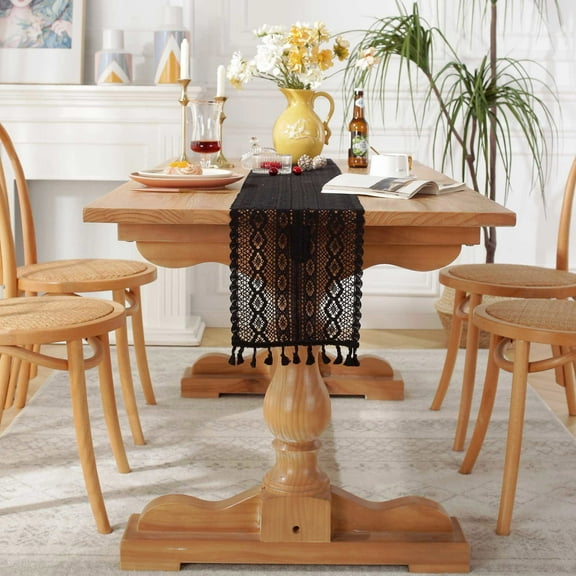 Hotian Macrame Knit Fall Table Runner with Tassel for Kitchen Dining and Home Decor Black 63"x9.5"