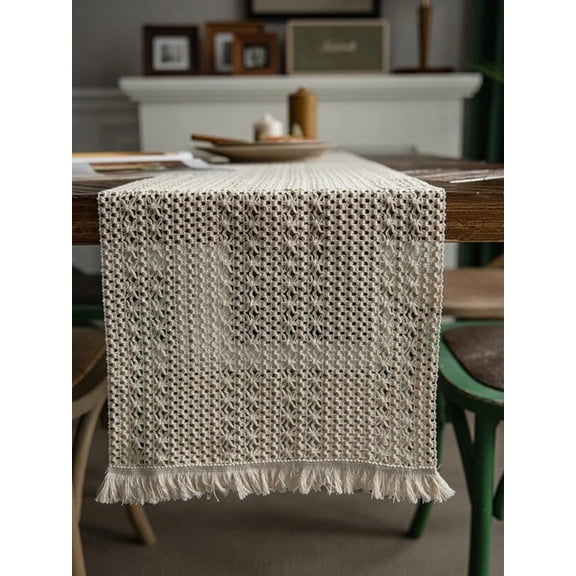 Hotian Macrame Linen Fall Table Runner with Tassel for Kitchen Dining and Home Decor Beige 70.9" x 11.8"