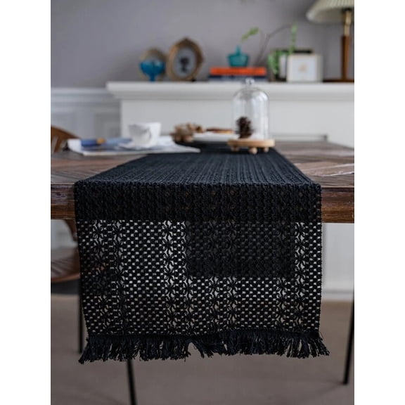 Hotian Macrame Linen Fall Table Runner with Tassel for Kitchen Dining and Home Decor Black 70.9" x 11.8"