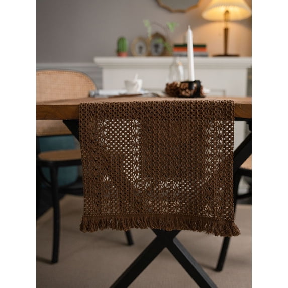 Hotian Macrame Linen Table Runner with Tassel for Kitchen Dining and Home Decor Brown 63" x 11.8"/160*30cm