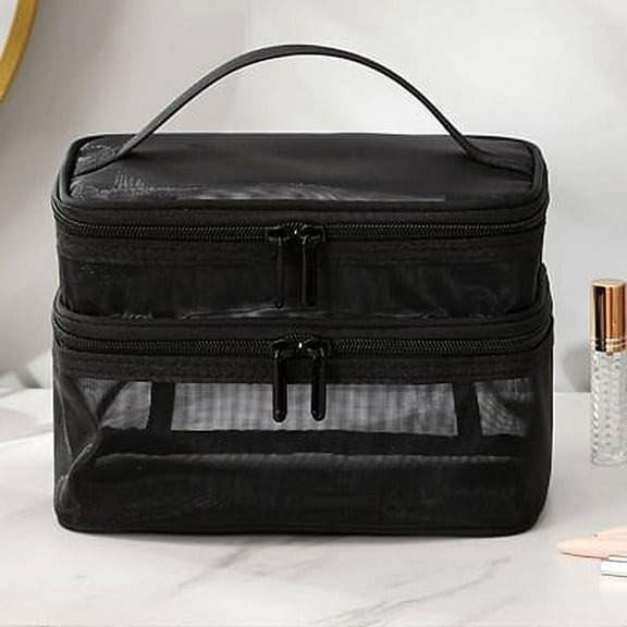 Hotian Makeup Bag Black, Double Layer Travel  Cosmetic Organizers Storage Case