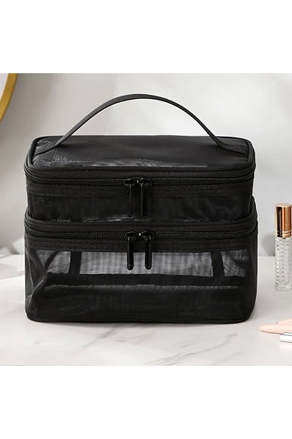 Makeup Bag Black, Double Layer Travel  Cosmetic Organizers Storage Case