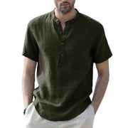 Hotian Men Short Sleeve Linen Henley Shirt with Pocket Army Green S (One Size Smaller）