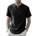 thumbnail image 1 of Hotian Men Short Sleeve Linen Henley Shirt with Pocket Black XL (One Size Smaller）, 1 of 5