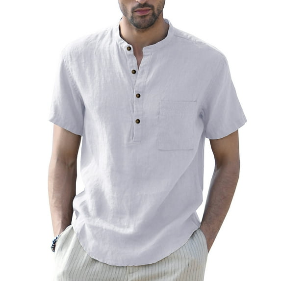 Hotian Men Short Sleeve Linen Henley Shirt with Pocket White M (One Size Smaller)