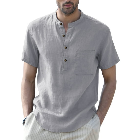 Hotian Mens Big & Tall Short Sleeve Casual Linen Henley Shirt with Pocket Light Gray M (One Size Smaller)