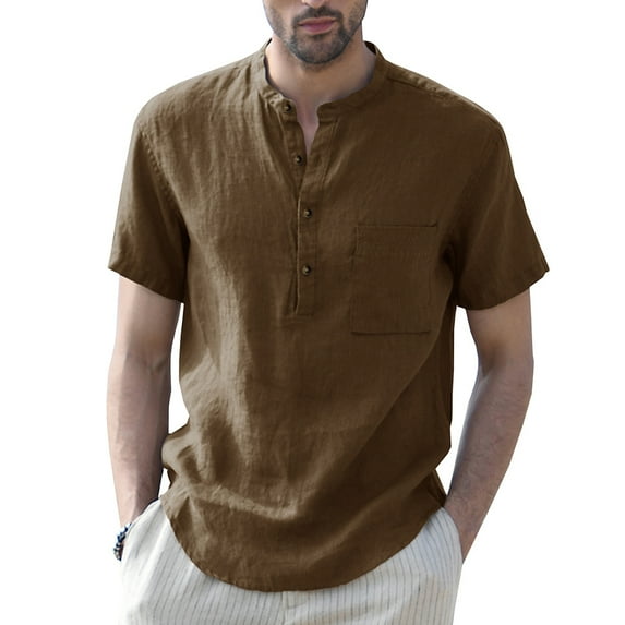Hotian Mens Big & Tall Short Sleeve Half Button Linen Henley Shirt with Pocket Khaki M (One Size Smaller)