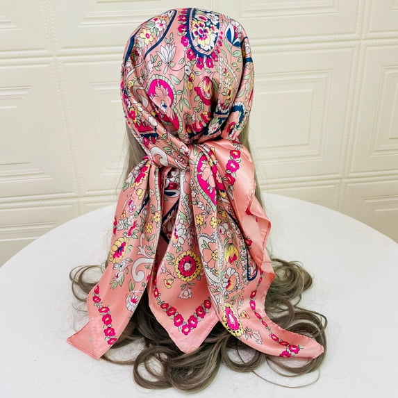 Hotian Paisley Print Satin Head Scarf Ditsy Floral Hair Scarf Large Bandana Pink 35"