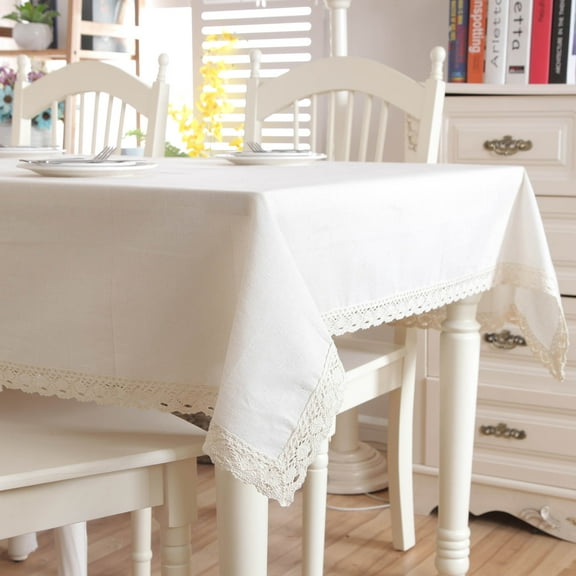 Hotian Solid Lace Trim Cotton Blend Decorative Tablecloth White for Rectangle Tables 55" x 39"/140cm x 100cm