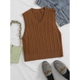 thumbnail image 1 of Hotian Women Cable Knit Sweater Vest V Neck Pullover Brown L, 1 of 6