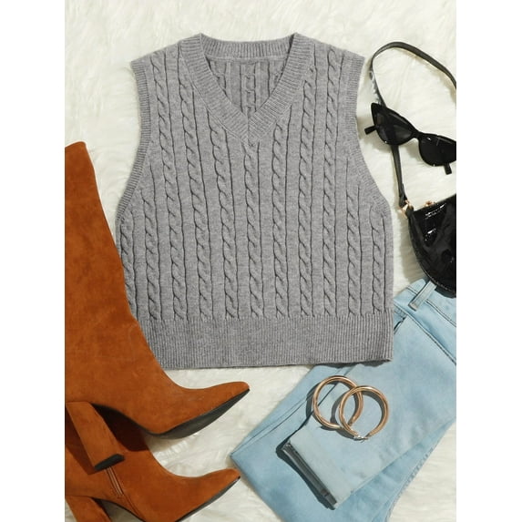 Hotian Women Cable Knit Sweater Vest V Neck Pullover Gray M