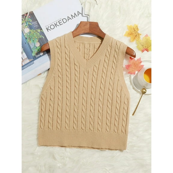 Hotian Women Cable Knit Sweater Vest V Neck Pullover Khaki M