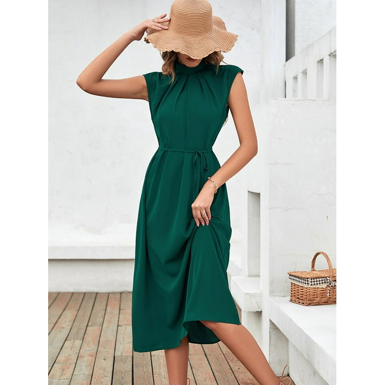Hotian Women Dark Green Tie Waist Halter Shift Midi Formal Dress for St Patrick s Day L