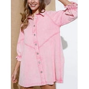 Hotian Women Denim Shirt Dress 3/4 Sleeve Loose Button Short Jean Dress Pink XL