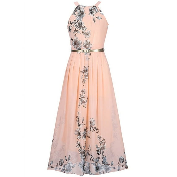 Hotian Women Halter Floral High Waist Chiffon Maxi Party Prom Dress Pink 2XL/US14-US16