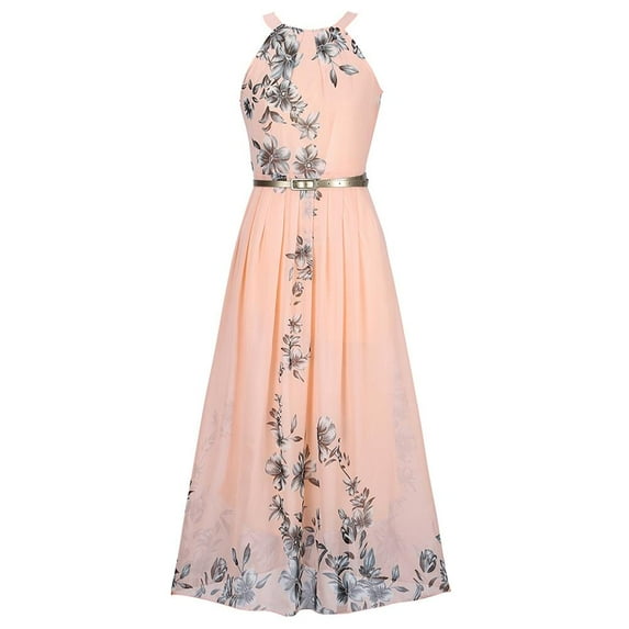 Hotian Women Halter Floral High Waist Chiffon Maxi Party Prom Dress Pink S/US4