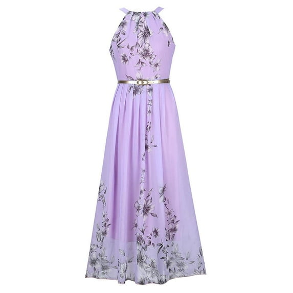 Hotian Women Halter Floral High Waist Chiffon Maxi Party Prom Dress Purple S/US4