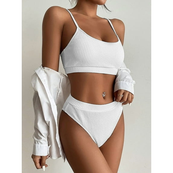 Hotian Women High Waisted Ribbed Cami Bikini Set White M-US8