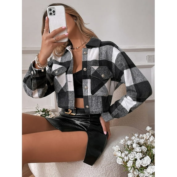 Hotian Women Plaid Crop Jacket Long Sleeve Womens Shacket With Pocket Black XS