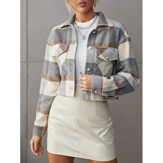 Hotian Women Plaid Crop Jacket Long Sleeve Womens Shacket With Pocket Gray M