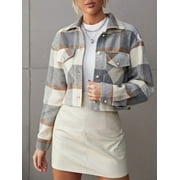 Hotian Women Plaid Crop Jacket Long Sleeve Womens Shacket With Pocket Gray S