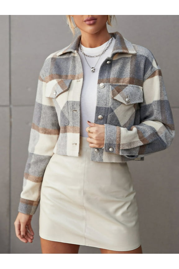 Women Plaid Crop Jacket Long Sleeve Womens Shacket With Pocket Gray S