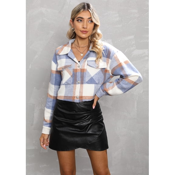 Hotian Women Plaid Crop Jacket With Pocket Blue L