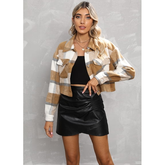 Hotian Women Plaid Crop Jacket With Pocket Khaki M