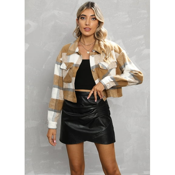 Hotian Women Plaid Crop Jacket With Pocket Khaki S